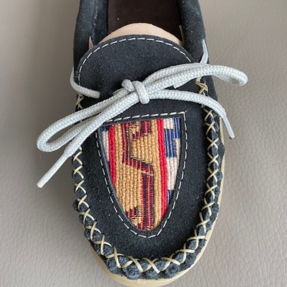 Laurentian Chief moccasin slippers L7 suede leather black aztec inspired - Picture 8 of 16